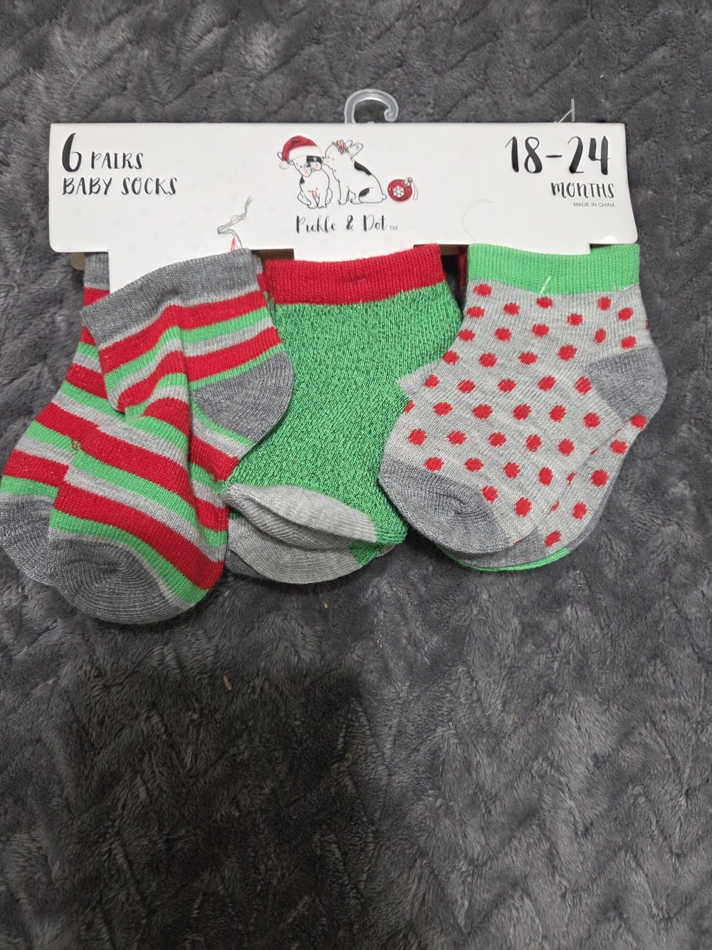 Pickle & Dot Baby Socks - Red, Green & Gray - 6 Pairs (18-24 Months)